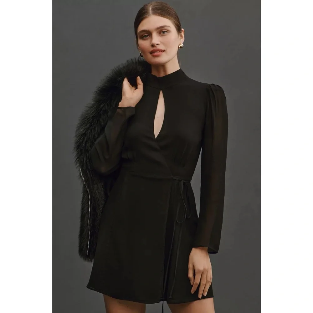 NWT Reformation Otessa Keyhole Front Tie Long Sleeve Mini Dress Black Witchy